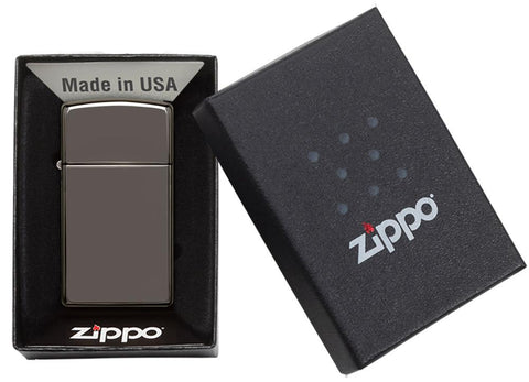 Widok z przodu zapalniczka Zippo Slim Black Ice model podstawowy w otwartym opakowaniu prezentowym