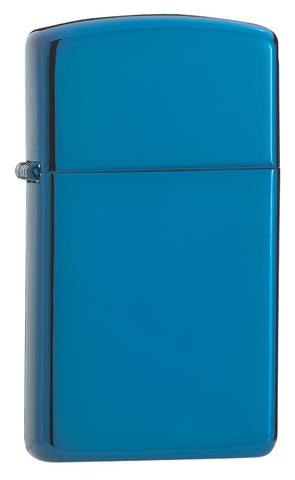 Widok z przodu kąt 3/4 zapalniczka Zippo Slim szafirowy niebieski model podstawowy