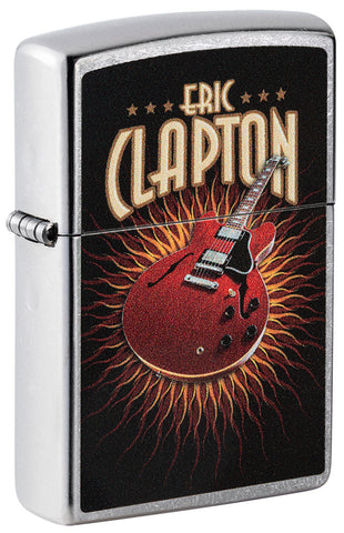 Zapalniczka Zippo widok z przodu ¾ kąta chromowana z kolorowym wizerunkiem czerwonej gitary Erica Claptona