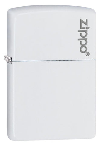 Widok z przodu kąt 3/4 zapalniczka Zippo biała matowa model podstawowy z logo Zippo