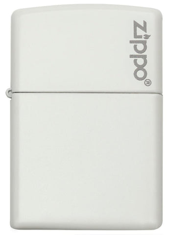 Widok z przodu zapalniczka Zippo biała matowa model podstawowy z logo Zippo