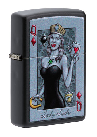 Widok z przodu pod kątem 3/4 Zapalniczka Zippo Lady Luck Design Queen of Hearts with Crown and Horseshoe Black Matt Tylko online