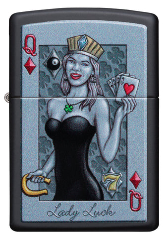 Widok z przodu Zapalniczka Zippo Lady Luck Design Queen of Hearts with Crown and Horseshoe Black Matt Tylko Online