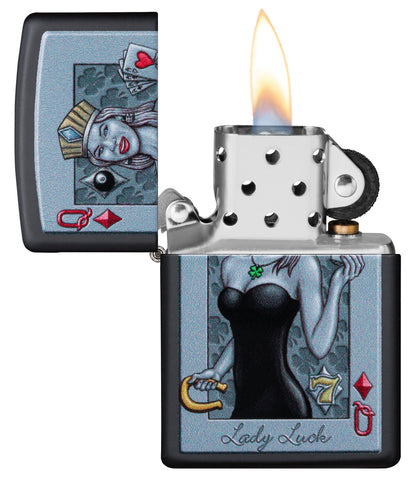Zapalniczka Zippo Lady Luck Design Queen of Hearts with Crown and Horseshoe Black Matt Tylko online Otwórz płomieniem
