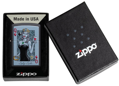 Zapalniczka Zippo Lady Luck Design Queen of Hearts with Crown and Horseshoe Black Matt Online Only in Open Box