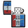 Zapalniczka Zippo widok z przodu czarny mat otwarty z kolorowym wizerunkiem logo Ford Mustang