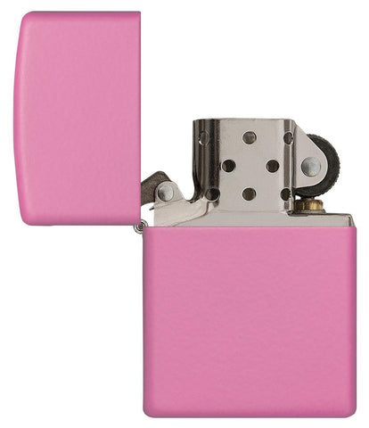 Widok z przodu zapalniczka Zippo Pink Matte model podstawowy otwarta
