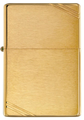Widok z przodu zapalniczka Zippo Vintage Brass Brushed z ozdobnymi ukośnymi kreskami w obu narożnikach