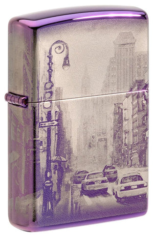 Widok z przodu 3/4 kąta Zippo Lighter Purple 360 stopni Nowy Jork z drapaczami chmur i amerykańskimi żółtymi taksówkami
