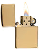 Widok z przodu zapalniczka Zippo High Polished Brass model podstawowy otwarta z płomieniem