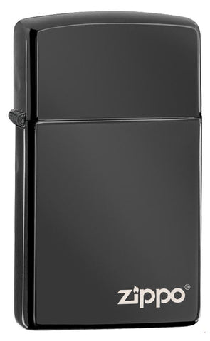 Widok z przodu kąt 3/4 zapalniczka Zippo Slim High Polish Chrome czarny model podstawowy z logo Zippo