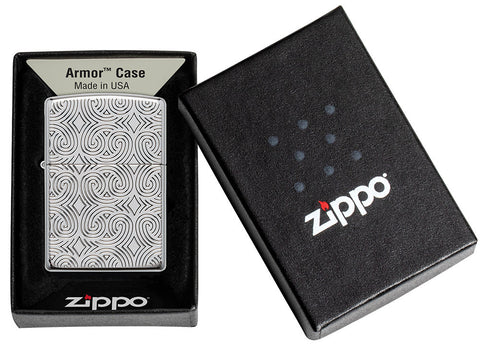 Zippo Feuerzeug Frontansicht Armor® hochglanzverchromt mit tief eingravierten Linien in offener Box
