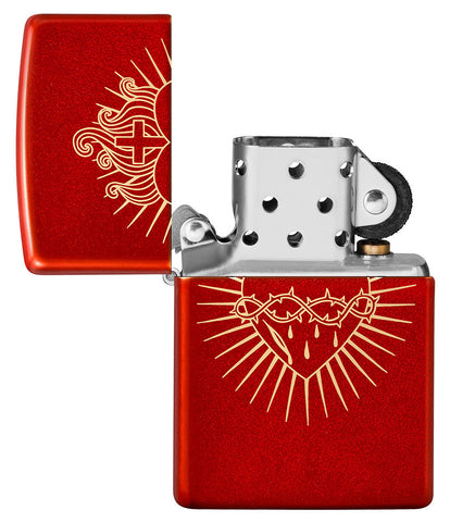 Zippo Feuerzeug Frontansicht Metallic Rot geöffnet mit dem Heiligsten Herzens Jesu eingraviert