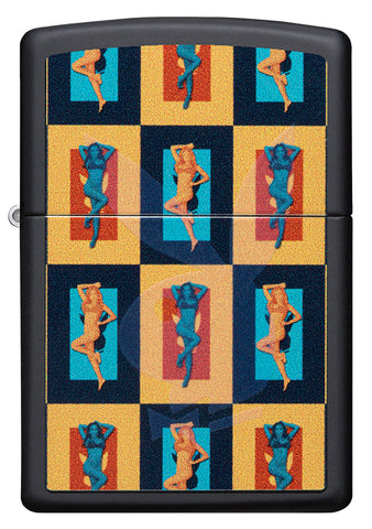 Zippo Feuerzeug Frontansicht Schwarz Matt mit leuchtendem Playboy Hasenkopf und Frauen im Popart Stil