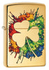 Graffiti Clover Design High Polish Brass Windproof Lighter facing forward at a 3/4 angle