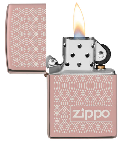Zippo Lighter Highly Polished Rose Gold Geometric Pattern Waves Logo Online Only Open with Flame