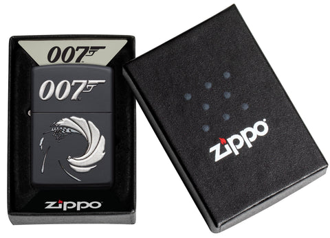 Zapalniczka Zippo James Bond 007 czarna matowa z logo jako nadruk teksturowy Tylko online w otwartym pudełku jako prezent