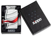 Widok z przodu zapalniczka Zippo White Matte Color Image 540 stopni z płomieniem Zippo w otwartym opakowaniu prezentowym