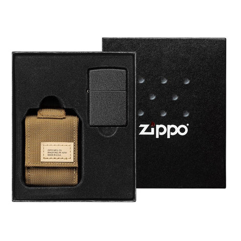 Widok z przodu zestaw upominkowy z pokrywką zapalniczka Zippo Black Crackle z beżowym etui na zapalniczkę