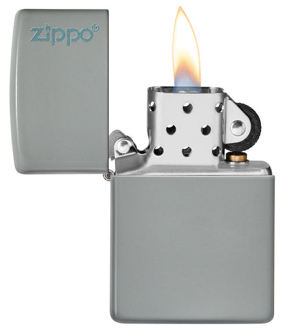 Zapalniczka Zippo Flat Grey model podstawowy matowo-szary z logo Zippo otwierany płomieniem