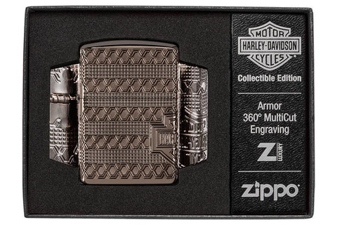Zapalniczka Zippo COTY 2021 Harley-Davidson® 360 stopni głęboki grawer Black Ice w otwartym luksusowym pudełku