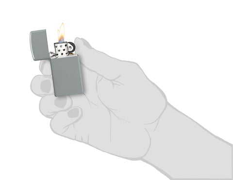 Zapalniczka Zippo Slim Flat Grey Grey Matt otwierana płomieniem w stylizowanej dłoni