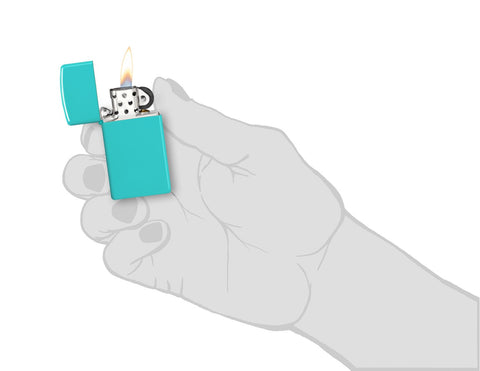 Zapalniczka Zippo Slim Flat Turquoise Basic Model otwierana płomieniem w stylizowanej dłoni