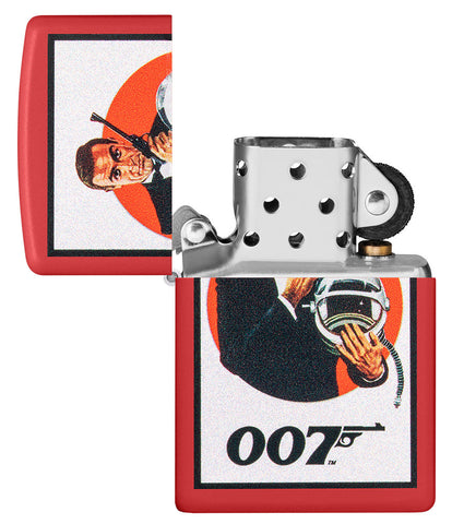 Zapalniczka Zippo matowa czerwona z Jamesem Bondem 007™ w czarnym kombinezonie oraz pistoletem i hełmem astronauty, otwierana bez płomienia