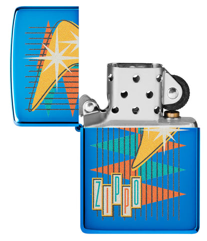 Zippo Feuerzeug hochglanzblau im Retrostil mit vielen bunten Dreiecken sowie Logo geöffnet ohne Flamme