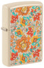 Zippo Feuerzeug Frontansicht ¾ Winkel Farbdruck sandfarben mit floralem Blumenmuster im Hippiestil