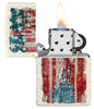 Zippo Feuerzeug Frontansicht Mercury Glass geöffnet und angezündet mit farbiger Abbildung der Freiheitsstatue und amerikanische Flagge im Hintergrund