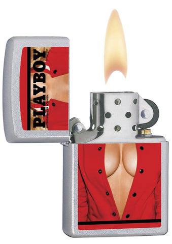 Zapalniczka Zippo chrom z okładką Playboya z października 2014 otwarta z płomieniem