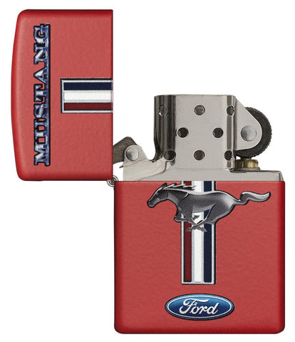Zapalniczka Zippo czerwona z logo Forda Mustanga otwarta