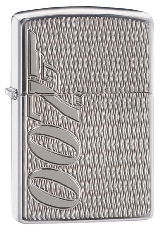 Widok z przodu kąt 3/4 zapalniczka Zippo chrom z dużym logo 007 z boku
