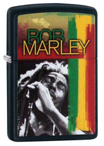 Vue de trois quarts du briquet tempête Zippo Bob Marley