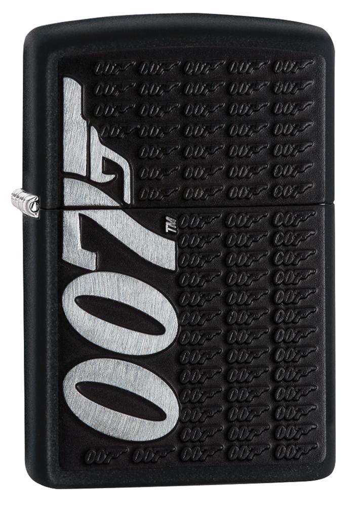 Widok z przodu kąt 3/4 zapalniczka Zippo czarna z dużym logo 007 z boku