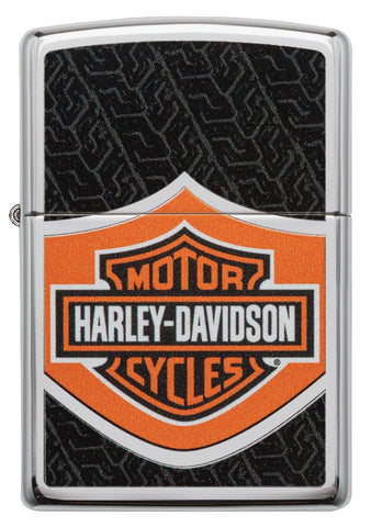 Widok z przodu zapalniczka Zippo chrom z pomarańczowo-czarno-białym logo Harley-Davidson