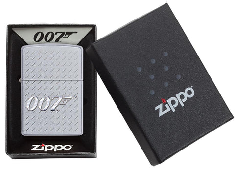 Zapalniczka Zippo chrom James Bond z logo 007 w otwartym pudełku prezentowym