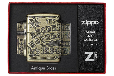Zapalniczka Zippo antyczny mosiądz grawer 360° z planszą Quija w otwartym luksusowym opakowaniu