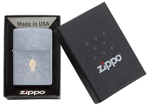 Zapalniczka Zippo chrom z pająkiem na nici w otwartym pudełku