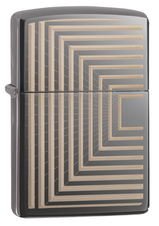Widok z przodu kąt 3/4 zapalniczka Zippo z geometrycznymi liniami 