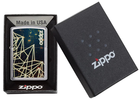 Zapalniczka Zippo chrom z logo Zippo i figurą geometryczną w otwartym pudełku