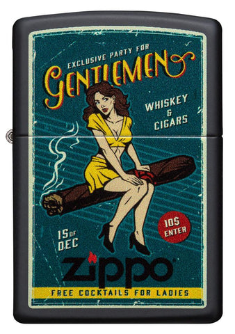 Widok z przodu zapalniczka Zippo reklama w stylu retro z kobietą siedzącą na cygarze
