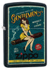 Widok z przodu kąt 3/4 zapalniczka Zippo reklama w stylu retro z kobietą siedzącą na cygarze