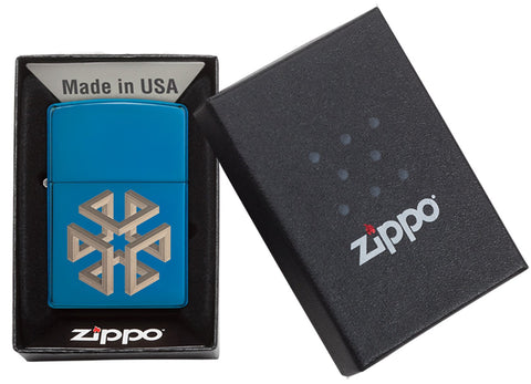 Zapalniczka Zippo niebieska z wysokim połyskiem kostka jako złudzenie optyczne w otwartym pudełku