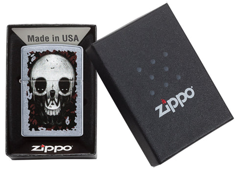 Zapalniczka Zippo chrom czaszka ze złudzeniem optycznym w otwartym pudełku