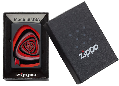 Zapalniczka Zippo czarna z czerwono-czarnym wirem w otwartym pudełku