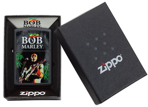 Zapalniczka Zippo czarna Bob Marley z gitarą w otwartym pudełku