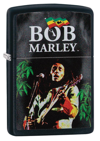 Widok z przodu kąt 3/4 zapalniczka Zippo czarna Bob Marley z gitarą