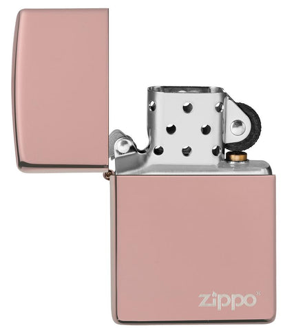 Zapalniczka Zippo różowe złoto o wysokim połysku z logo Zippo otwarta